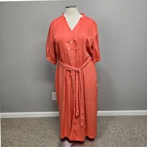 Zapelle Maxi Dress Plus Size 2X Coral Orange Button Down Modal Linen Blend Gauzy